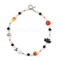 Halloween Handmade Lampwork Bat Ghost Pumpkin and Round Shell Pearl Beaded Necklaces for Women&nbsp;NJEW-TA00277
