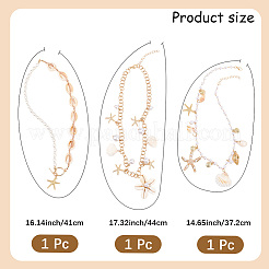 3個 3スタイル ビーチヒトデ 合金 & ABS イミテーションパール & シェルペンダントネックレス レディース  ゴールドカラー  14.65~17.32インチ（37.2~44cm）  1個/スタイル&nbsp;NJEW-CY0001-05