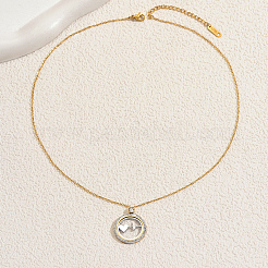 女性用ステンレススチールパヴェキュービックジルコニアペンダントネックレス  ハート付きのラウンド  ゴールドカラー  ラウンド：19mm  16.14インチ(41cm)+50mmエクステンダー&nbsp;RI0430