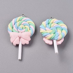 樹脂チャーム  プラチナメッキのスクリューアイピンヒートンキャップ付き  模造食品  ロリポップ  グリーン  41~50x27x8mm  穴：2mm&nbsp;RESI-TAC0002-14B