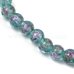 手作りの金砂ランプワークビーズ連売り  花の丸  淡いターコイズ  10mm  穴：1mm  約40個/連  14.96''（38センチメートル）&nbsp;LAMP-B028-03G-10mm