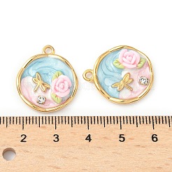304ステンレスペンダント  花と蝶が付いたフラットラウンド  エナメル  ラインストーンと樹脂  18KGP本金メッキ  ライトスカイブルー  22x19.5x5mm  穴：1.8mm&nbsp;STAS-C134-07B-G