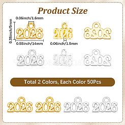 100個2色亜鉛合金ペンダント  ナンバー2026チャーム  ゴールデン＆シルバー  9x14x1.5mm  穴：1.6mm  50個/カラー&nbsp;FIND-SP0005-26
