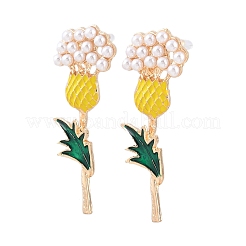 女性用合金エナメルスタッドピアス  パイナップル/花  プラスチックパール付き  ゴールドカラー  53.5x20mm&nbsp;AL-CBA6127-03G