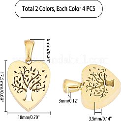 304ステンレスペンダント  手動研磨  命の木とハート  ゴールデン·ステンレス鋼色  18x17.5x3.5mm  穴：3x6mm  8個/箱&nbsp;STAS-UN0019-80