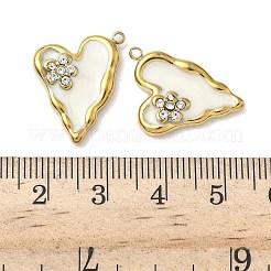 304ステンレススチール、クリスタルラインストーンエナメルペンダント  花柄のハートチャーム  18KGP本金メッキ  ホワイト  19x16x4mm  穴：1.5mm&nbsp;STAS-G362-03G
