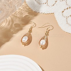 天然パール ティアドロップ ダングル イヤリング  女性用 304 ステンレススチールピン付き真鍮ワイヤーラップドロップイヤリング  ゴールドカラー  ペンダント：29x12x10mm  46mm  ピン：0.9mm&nbsp;EJEW-JE05091-02