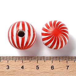 プリントウッドヨーロピアンビーズ  縞模様の丸い  レッド  20x18mm  穴：4mm&nbsp;WOOD-Z002-13C