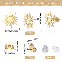 304ステンレススチール製サンスタッドピアス金具10個  ラウンド トレイ付きイヤリング セッティング  18KGP本金メッキ  14.5mm  ピン：0.7mm&nbsp;EJEW-BBC0001-12
