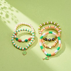 聖パトリックの日 淡水パール & ハンドメイド ポリマークレイ ヘイシ ストレッチ ブレスレット セット  女性のためのクローバー＆ワインカップ合金エナメルチャームブレスレット  ミックスカラー  内径：2インチ（5~5.2cm）  5個/セット&nbsp;BJEW-JB08768