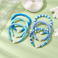 Handmade Polymer Clay with Natural Trochid Shell/Trochus Shell Beaded Stretch Bracelets for Women&nbsp;BJEW-JB10203-02