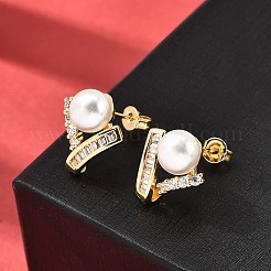 ラウンド真鍮マイクロパヴェクリアキュービックジルコニアスタッドピアス  プラスチック模造パールと  カドミウムフリー＆鉛フリー  ゴールドカラー  16x14mm&nbsp;EJEW-A135-28G