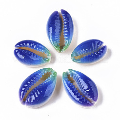 プリントされた天然のカウリーシェルビーズ  穴なし/ドリルなし  虹のスタイル  ブルー  18~21x12~15x7mm&nbsp;X-SSHEL-R047-01-A01