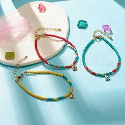 フラットラウンドナザールボンジュウランプワーク小さな魅力保護ラッキーブレスレット  女性のためのガラスシードビーズブレスレット  ゴールドカラー  ミックスカラー  7-5/8インチ（19.5cm）&nbsp;BJEW-JB07231
