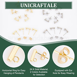 304ステンレススチールスタッドピアス金具  ループとイヤーナット付き  長方形  ゴールデン·ステンレス鋼色  10x2x2mm  穴：1.5mm  ピン：0.8mm&nbsp;STAS-UN0003-03
