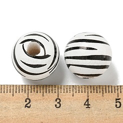 プリントウッドヨーロピアンビーズ  縞模様の丸い  ブラック  15.5~16mm  穴：4~4.5mm&nbsp;WOOD-G022-14A