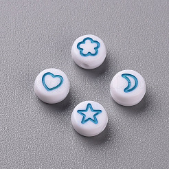 白い不透明なアクリルビーズ  ハート＆フラワー＆ムーン＆スターのフラットラウンド  士官候補生ブルー  7x4mm  穴：1.6mm&nbsp;LS-MACR-N008-41B