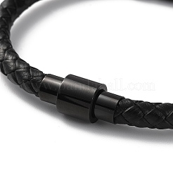 レザー編み込みラウンドコードブレスレット  304ステンレススチールのマグネット留め具とビーズ付き。男性用、女性用。  電気泳動ブラック＆ステンレススチールカラー  8-1/2インチ（21.5cm）&nbsp;BJEW-F460-06EBP