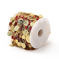 ガラス フラット ラウンド エナメルナザールボンジュウビーズ チェーン付き  本物の 18k 金メッキ真鍮コイン チャーム チェーン リンク チェーン付き  鉛フリー＆カドミウムフリー  ハンダ付け  スプールで  レッド  19x6x3mm  13x5x1mm&nbsp;CHC-G017-23G-02