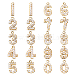 20個10スタイルアロイペンダント  白い樹脂の模造真珠で  数0~9  ゴールドカラー  16.5~17x4~12x3.5mm  穴：1.6mm  2個/スタイル&nbsp;FIND-CD0001-31