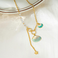 Summer Beach 304 Stainless Steel Enamel Shell Shape Pendant Necklaces with White Plastic Pearl for Women&nbsp;WGC94A0-01