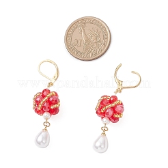 ガラスのティアドロップ型フレンチフックピアス  ゴールドカラー  レッド  57.5x15.5mm&nbsp;EJEW-MZ00531-05