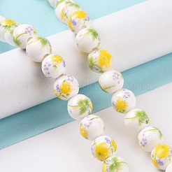 花柄プリントの磁器ビーズ  花柄のセラミック製丸ビーズ  きいろ  10mm  穴：2mm  約35個/連  13.5インチ&nbsp;PORC-L004-10mm-05