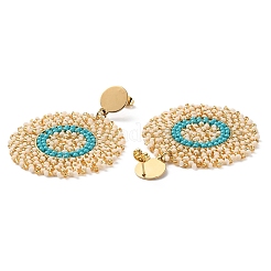 Woven Glass Beaded Flat Round Dangle Stud Earrings&nbsp;EJEW-A105-12G