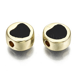 合金エナメルビーズ  カドミウムフリー＆鉛フリー  ハート付きフラットラウンド  ライトゴールド  ブラック  8x4mm  穴：1.5mm&nbsp;ENAM-S122-030-RS
