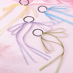 布製伸縮性ヘアアクセサリー 4色 4個  女の子または女性のため  長いリボンテールが付いたちょう結びヘアゴム  ヘアリボンバンド  ポニーテールホルダー  ミックスカラー  330mm  1pc /カラー&nbsp;OHAR-LP0001-02