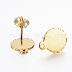 304ステンレススチールスタッドピアス金具  ループと平板付き  ゴールドカラー  12x10x0.8mm  穴：1.2mm  ピン：0.8mm&nbsp;X-STAS-H558-27G