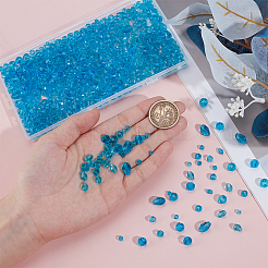 透明ガラスビーズ連売り890本  多面カット  混合図形  ディープスカイブルー  3.5~11x3~8mm  穴：0.4~1mm  890個/セット&nbsp;GLAA-SP0001-38