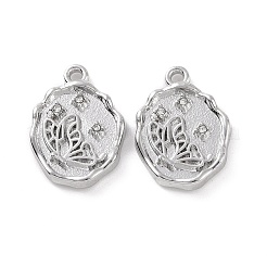 合金クリスタルラインストーンペンダント  バタフライチャーム付きフラットラウンド  プラチナ  19.5x14x3mm  穴：1.6mm&nbsp;FIND-A023-03P