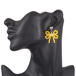 Heart with Bowknot Handmade Glass Seed Beads Dangle Stud Earrings&nbsp;EJEW-MZ00474-01