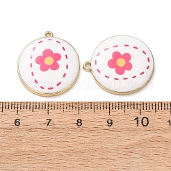 メッキ加工を施した環境に優しいプリント合金ペンダント  フラットラウンド、花柄チャーム付き  ゴールドカラー  ピンク  23.5x21x4mm  穴：1.5mm&nbsp;AL-CBAE25B-01B-G
