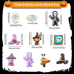 54個 9スタイル ハロウィーン 不透明樹脂 デコデン カボション  骸骨/幽霊/猫/ミイラ/頭蓋骨/カボチャ/帽子/魔女  ミックスカラー  22~31.5x19.5~26x7.5~9mm  6個/スタイル&nbsp;RESI-SC0005-71A