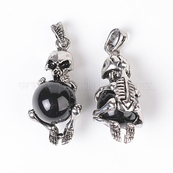 天然石黒瑪瑙ペンダント  合金パーツ  スカル  アンティークシルバー  41~43x19~20x17~19mm  穴：4x7mm&nbsp;G-M352-04I-FF