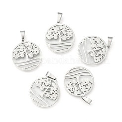変色しない304ステンレススチールペンダント  ツリー付きフラットラウンド  ステンレス鋼色  27x25x2mm  穴：6x4mm&nbsp;STAS-M245-31P