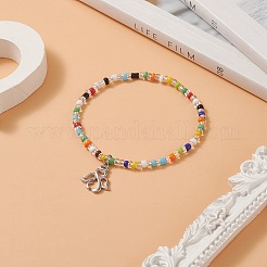 Colorful Seed Beaded Stretch Bracelet with Brass Charms for Women&nbsp;BJEW-JB09218-03