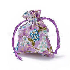 黄麻布製梱包袋ポーチ  巾着袋  花模様の長方形  パープル  10~10.5x8~8.3cm&nbsp;ABAG-I001-8x10-07B