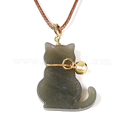Natural Hetian Jade Cat Pendant Adjustable Cord Necklaces&nbsp;NJEW-N064-02