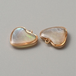 天然石シェルペンダント  金色の樹脂と真鍮のパーツを使用  ハートチャームの模様  15x15x3.4mm  穴：1.4mm&nbsp;BSHE-TAC0001-02B