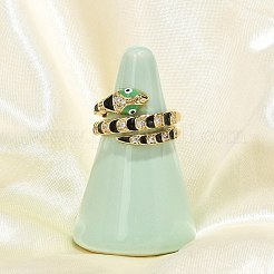 真鍮製マイクロペーブクリアキュービックジルコニアフィンガー指輪  ヘビ  エナメル  18KGP本金メッキ  ブラック  14mm  内径：18mm&nbsp;RJEW-H243-01G-01