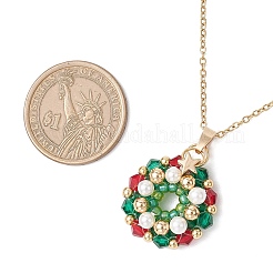 Glass Seed Beads & Shell Pearl Beaded Christmas Wreath Pendant 304 Stainless Steel Cable Chain Necklaces&nbsp;NJEW-MZ00121