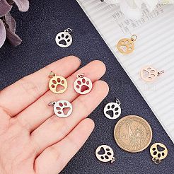 12個3色304ステンレススチールチャーム  犬の足のプリントとフラットラウンド  ミックスカラー  14x12x1.1mm  穴：4mm  4個/カラー&nbsp;STAS-UN0022-58