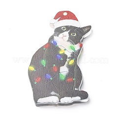 クリスマス猫の形のアクリルペンダント装飾  ナイロンロープと鉄のベル付き  車のバックミラー吊り飾り用  帽子  79x42x4mm  穴：2.5mm&nbsp;HJEW-E007-01G-07