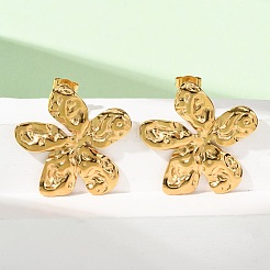 バレンタインデー 304ステンレススチールスタッドピアス  槌目模様の花  ゴールドカラー  29x28mm&nbsp;EJEW-C184-01A-G