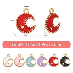 60本6色合金エナメルペンダント  月＆星  ライトゴールド  ミックスカラー  16x13x2mm  穴：1.8mm  10個/カラー&nbsp;ENAM-CJ0002-46