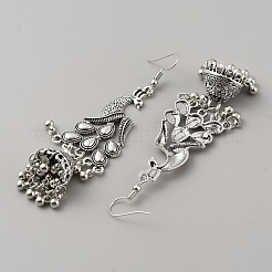 チベットスタイルの合金孔雀と鐘のシャンデリアのイヤリング  女性用ロングドロップピアス  アンティークシルバー  91x26mm&nbsp;EJEW-WH0010-42AS
