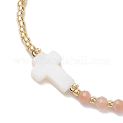 3mm Round Faceted Natural Sunstone & Seed Beads Braided Bead Bracelets&nbsp;BJEW-JB10594-02